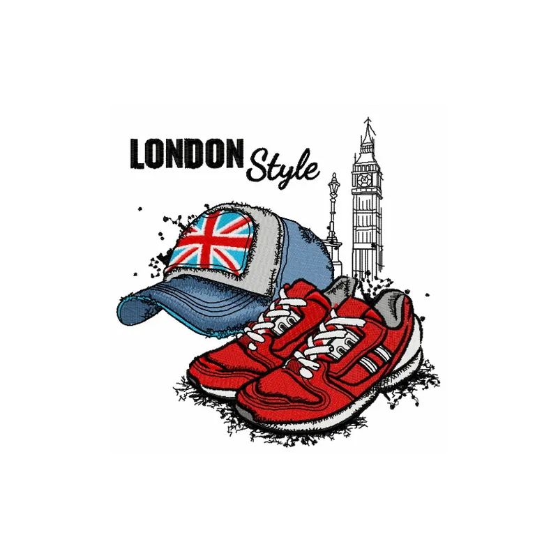 London style cap and sneakers embroidery design showcasing detailed stitching patterns for apparel and accessories.