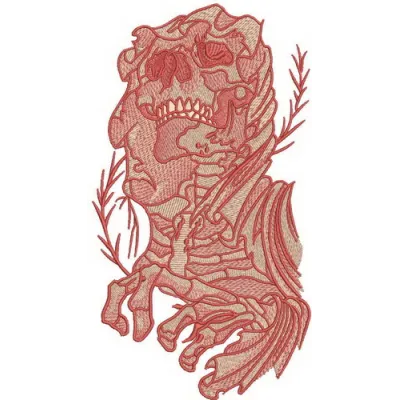 Female skeleton embroidery design featuring intricate skull and bones motifs, ideal for creative stitching projects.