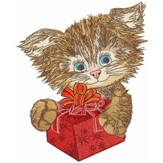 Shaggy cat with present embroidery design - Embroidery Design