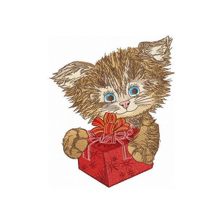 Shaggy cat with present embroidery design - Embroidery Design
