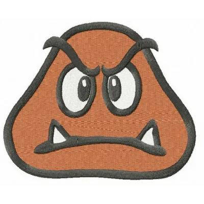 Goomba head embroidery design showcasing a whimsical character from Super Mario, ideal for fun projects.
