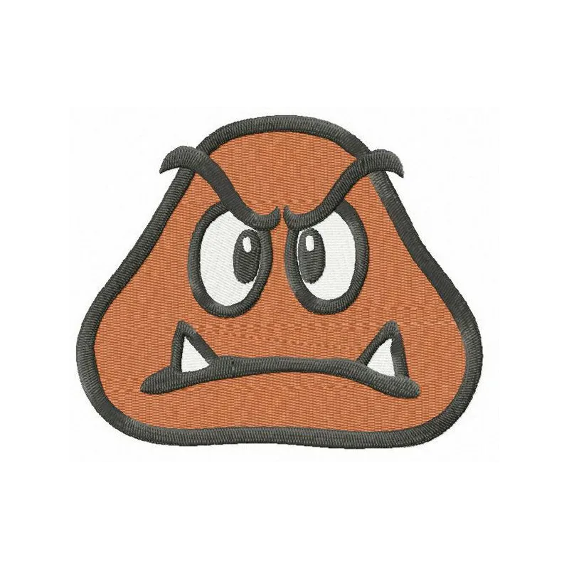 Goomba head embroidery design showcasing a whimsical character from Super Mario, ideal for fun projects.