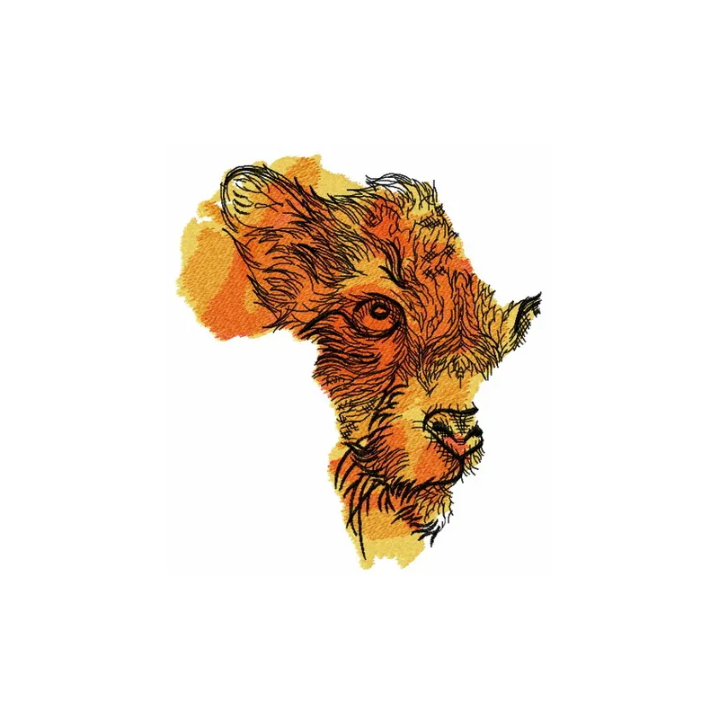 Lioness African map embroidery design showcasing a detailed stitched motif of a lioness silhouette.