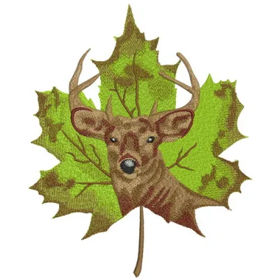Deer on maple leaf embroidery design showcasing a woodland animal motif for creative stitching projects.