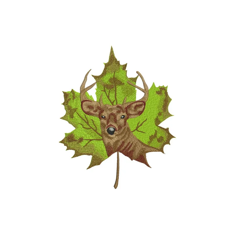 Deer on maple leaf embroidery design showcasing a woodland animal motif for creative stitching projects.