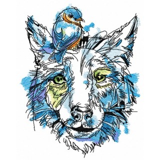 Dog with goldfinch on head embroidery design - Embroidery Design