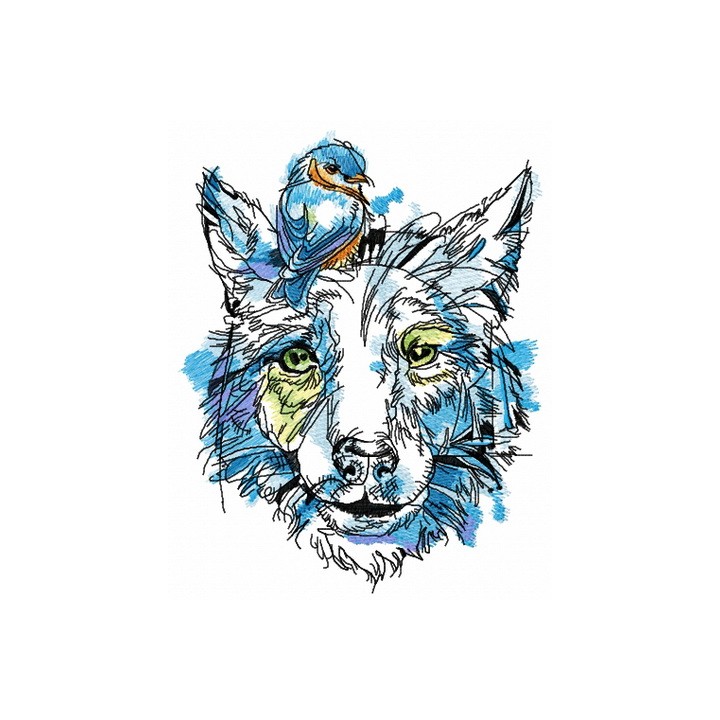 Dog with goldfinch on head embroidery design - Embroidery Design