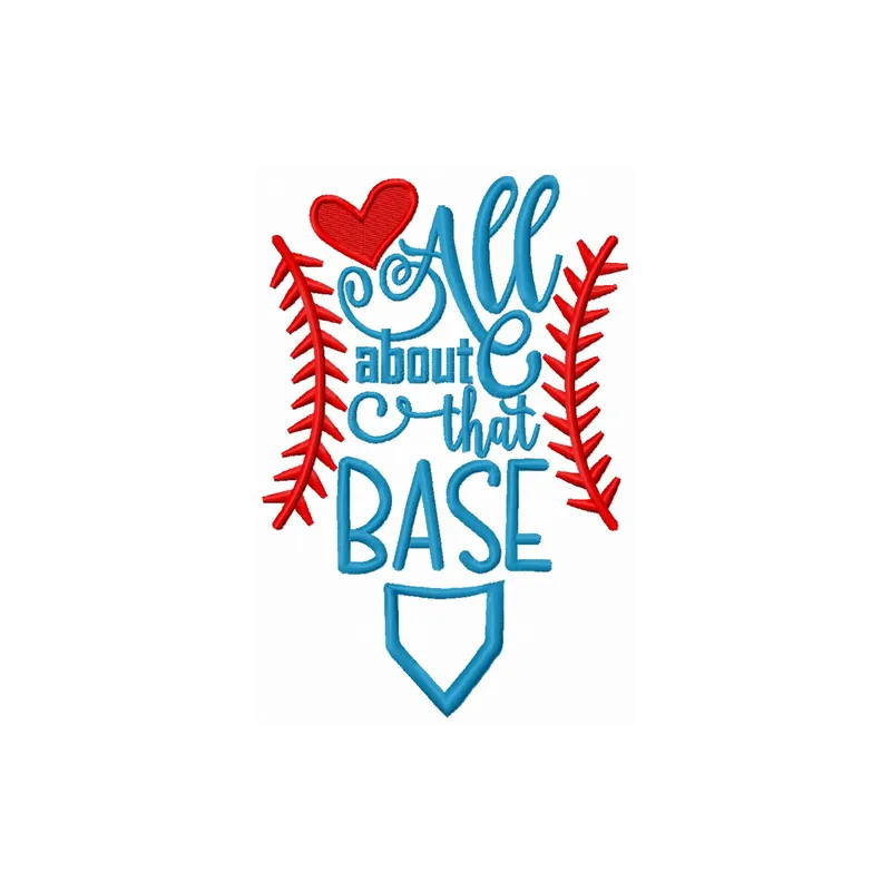 All About That Base embroidery design featuring baseball motifs, perfect for stitching on caps and t-shirts.
