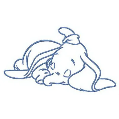 Sleeping little Dumbo embroidery design showcasing a cute elephant motif for baby onesies and blankets.