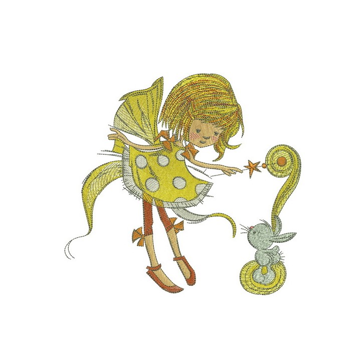 Fairy in polka dot dress with bunny embroidery design - Embroidery Design