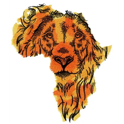 Preview of an African lion embroidery design showcasing intricate details and vibrant patterns for stitching.