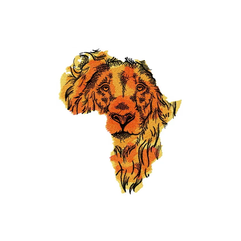 Preview of an African lion embroidery design showcasing intricate details and vibrant patterns for stitching.