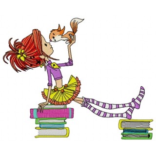 Girl with squirrel in library embroidery design - Embroidery Design