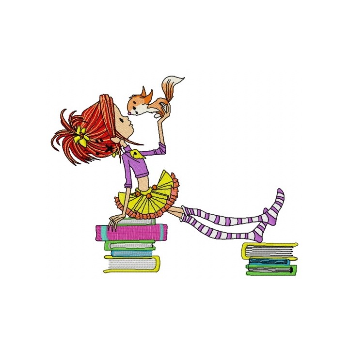 Girl with squirrel in library embroidery design - Embroidery Design