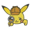 Pikachu Holmes embroidery design featuring a playful Pikachu detective, ideal for stitching on t-shirts and tote bags.