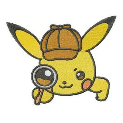 Pikachu Holmes embroidery design featuring a playful Pikachu detective, ideal for stitching on t-shirts and tote bags.