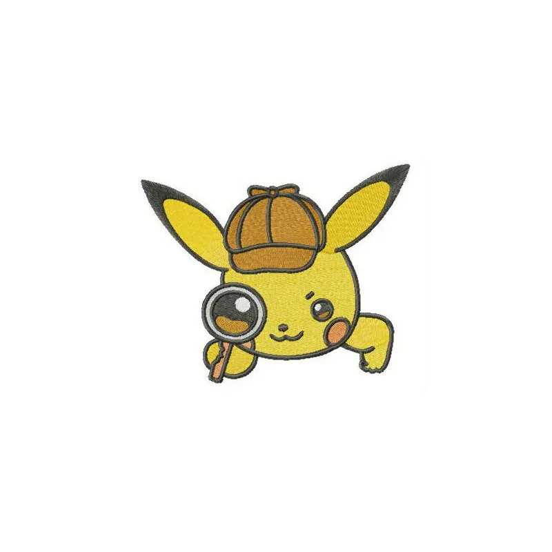 Pikachu Holmes embroidery design featuring a playful Pikachu detective, ideal for stitching on t-shirts and tote bags.