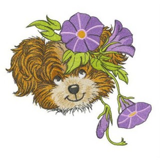 Puppy with Slender bindweed wreath embroidery design - Embroidery Design
