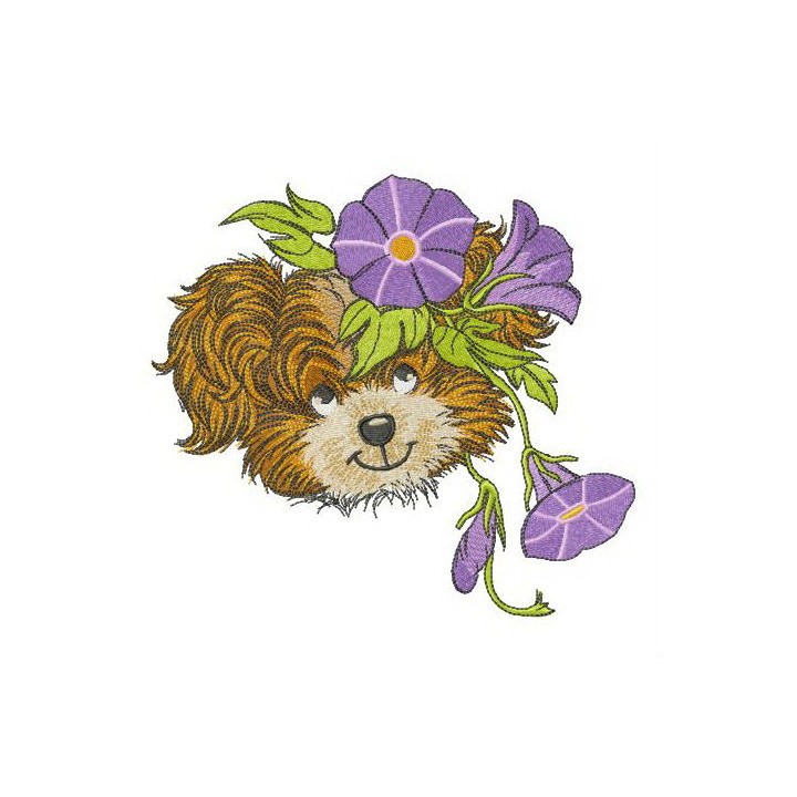 Puppy with Slender bindweed wreath embroidery design - Embroidery Design