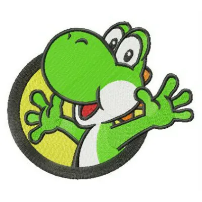 Happy Yoshi badge embroidery design featuring a cheerful character from Super Mario, ideal for various stitching projects.