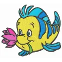 Flounder with flower embroidery design from Little Mermaid collection, showcasing vibrant colors and intricate detailing.