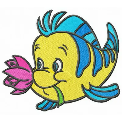 Flounder with flower embroidery design from Little Mermaid collection, showcasing vibrant colors and intricate detailing.