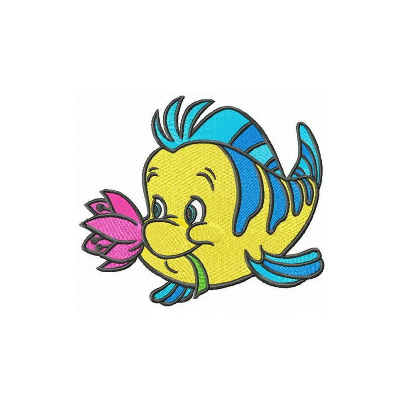 Flounder with flower embroidery design from Little Mermaid collection, showcasing vibrant colors and intricate detailing.