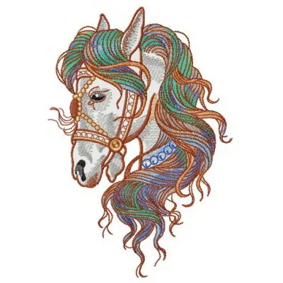 Colorful mane embroidery design showcasing vibrant stitching patterns for horse-themed projects.