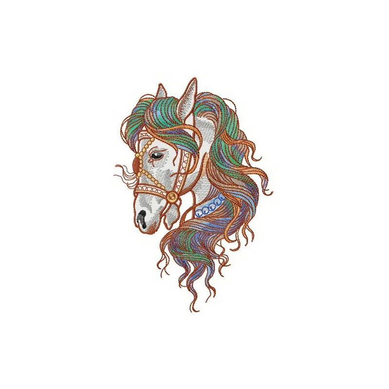 Colorful mane embroidery design showcasing vibrant stitching patterns for horse-themed projects.