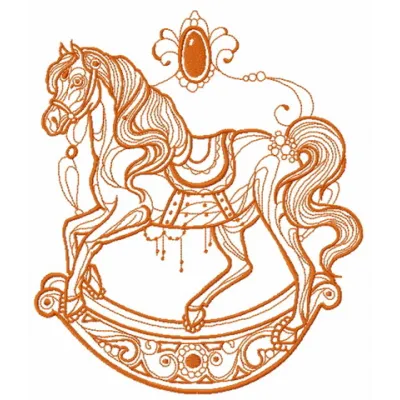 Vintage rocking horse embroidery design, showcasing intricate stitching patterns for charming old toy motifs.