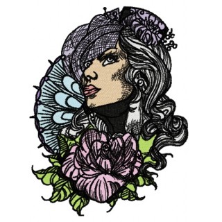 Lady in hat with veil and umbrella embroidery design - Embroidery Design