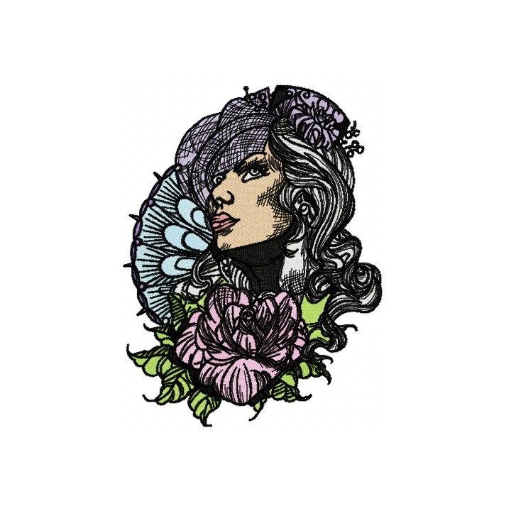 Lady in hat with veil and umbrella embroidery design - Embroidery Design