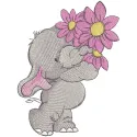 Elephant embroidery design featuring a pink flower bouquet, perfect for stitching on various fabric items.