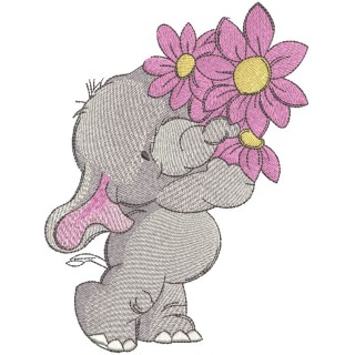 Elephant with bouquet pink flower embroidery design - Embroidery Design