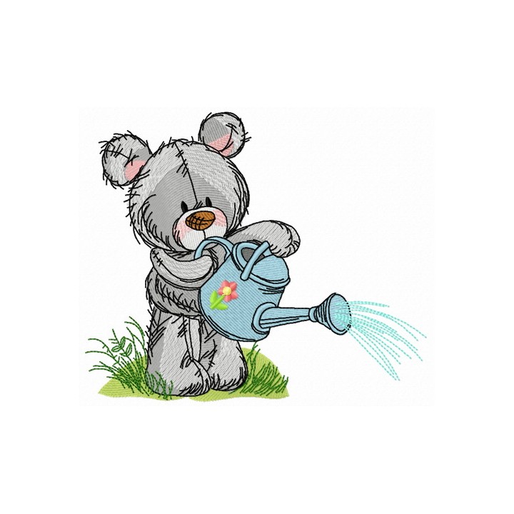 Teddy bear with watering can 8 embroidery design - Embroidery Design