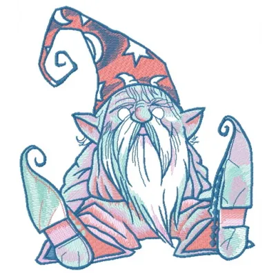 Tiny wizard embroidery design featuring a whimsical gnome, ideal for stitching on t-shirts or tote bags.