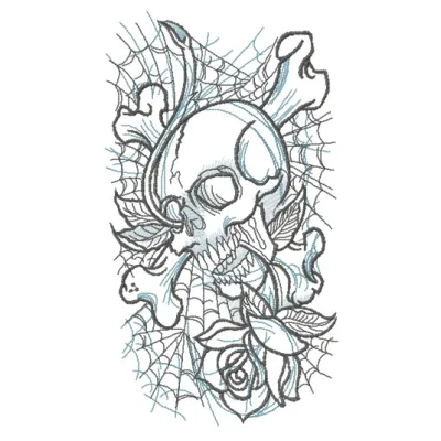 Skull, rose, and web embroidery design showcasing intricate details for stylish stitching projects.