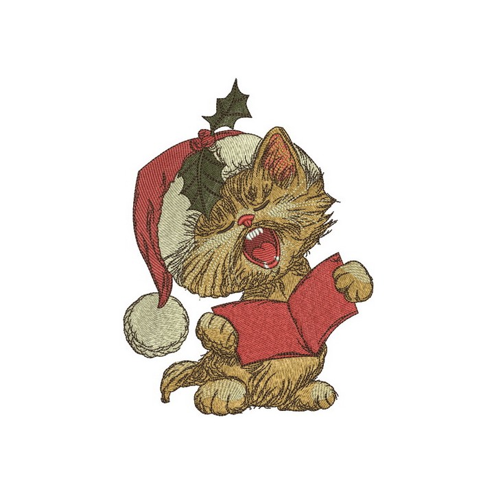 Adorable cat singing Christmas carols in a festive embroidery design, perfect for holiday projects and decorations.