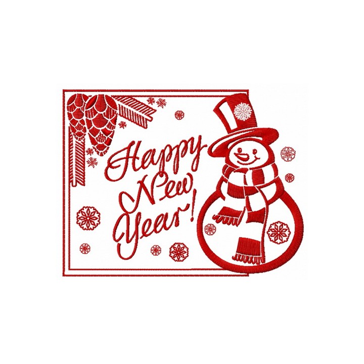 Happy New Year card with snowman embroidery design - Embroidery Design