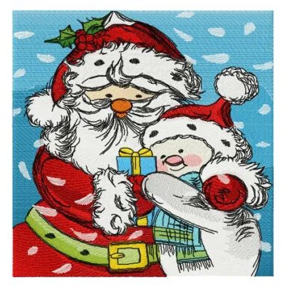 Santa and snowman embroidery design featuring festive motifs for holiday projects like t-shirts and towels.