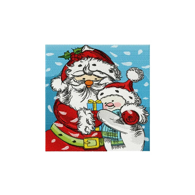 Santa and snowman embroidery design featuring festive motifs for holiday projects like t-shirts and towels.