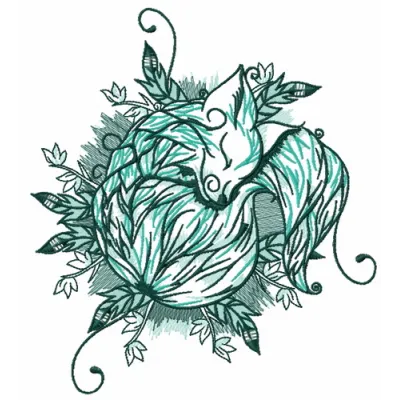 Sleeping fox embroidery design showcasing a whimsical fox motif, ideal for stitching on t-shirts and tote bags.