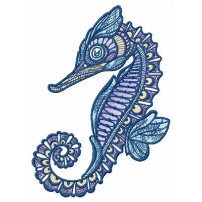 Mosaic sea horse embroidery design showcasing intricate stitching patterns for marine-themed projects.