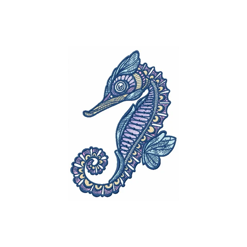 Mosaic sea horse embroidery design showcasing intricate stitching patterns for marine-themed projects.