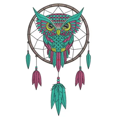 Owl dreamcatcher embroidery design featuring a whimsical owl and intricate dreamcatcher patterns.