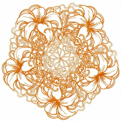 Orange lily doily embroidery design showcasing intricate floral patterns, perfect for home decor projects.