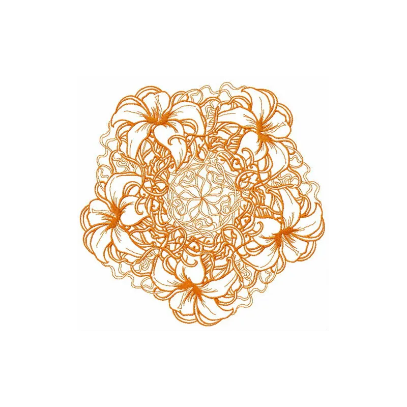 Orange lily doily embroidery design showcasing intricate floral patterns, perfect for home decor projects.