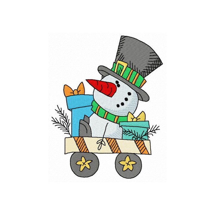 Cart with snowman embroidery design - Embroidery Design