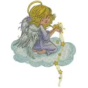 Embroidery design featuring an angel surrounded by star dust, ideal for creating whimsical fairy-themed projects.