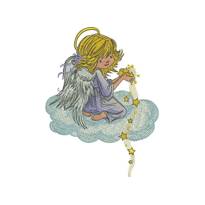 Embroidery design featuring an angel surrounded by star dust, ideal for creating whimsical fairy-themed projects.